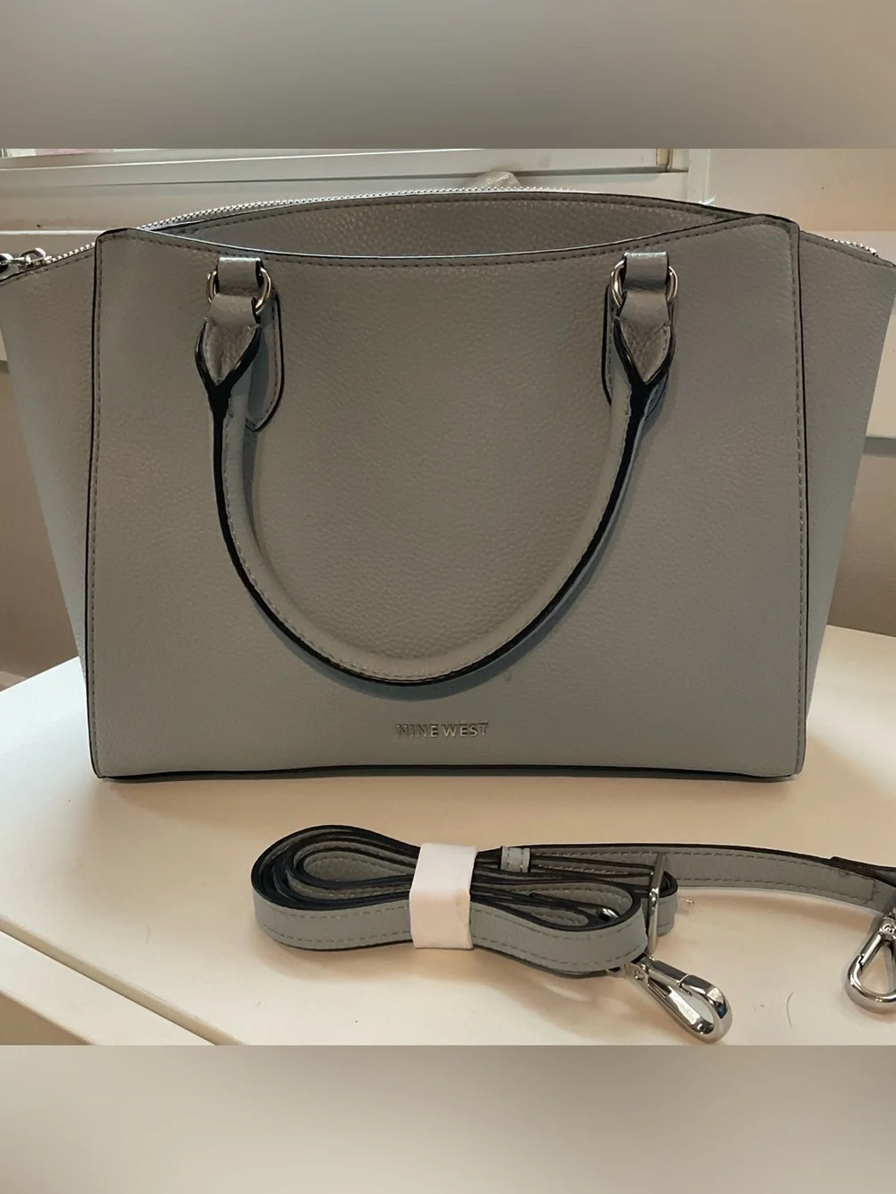 Nine West Tansy Faux Leather Satchel Crossbody Handbag, ice blue color, EUC